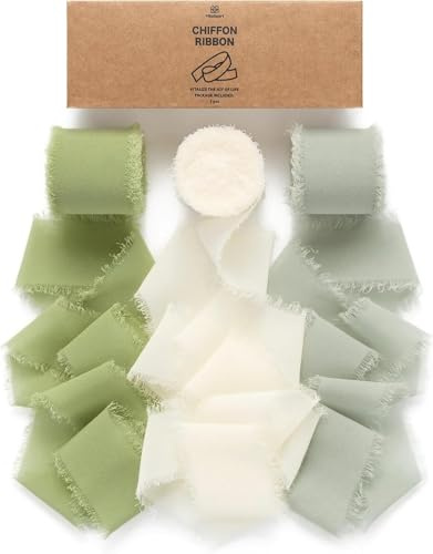 Vitalizart Nastro di Chiffon Setoso Verde & Crema, Fatto a Mano con Frange, Totale 3,8 cm x 19,2 m, Nastro Tessuto per Feste di Matrimonio, Bouquet di Nozze, Inviti, Confezioni Regalo, Decorazione