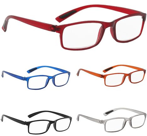 PROFLEX SpareSpecs Reading Glasses (value 5 pack) - lightweight, impact resistant, scratch resistant, bendy, flexible, anti-slip, unisex (mens + womens) (black, grey, brown, red, blue; classic; +3.5)