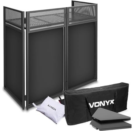 VONYX DB4 Foldable Mobile DJ Booth Stand with Corner Shelves, Portable DJ Booth System, Flame-Retardant Black & White Screens, Lighting Compatible, Includes Carry Bags for Stand & Shelves