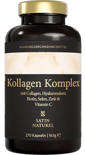 Satin Naturel Hyaluron Kollagen Komplex – 270 hochdosierte Kapseln mit Biotin, Selen, Zink, Vitamin C & Bambusextrakt – Für Haut, Haare & Nägel – Made in Germany