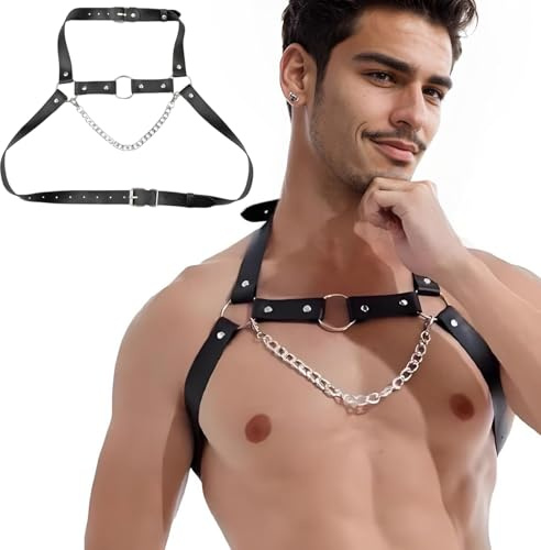 ZEOABSY Sexy Chest Harness for Men, Mens Leather Body Harness with Chain, Adjustable Men's Sexy Costumes Shoulder Harness for Man, Mens Punk Chest Belt for Halloween Cosplay Party