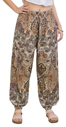 Lofbaz Damen Boho Haremshosen Hohe Taille Yoga Jogger Kleidung Fließende Lockere Sommer Strandhose Hippie Bohemian Loungewear Kunst Braun OS