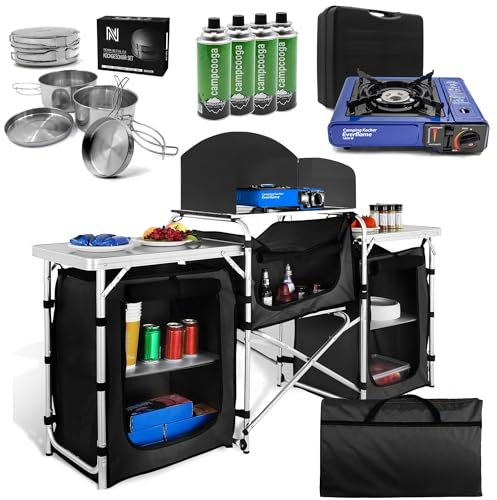 NAYVER Campingküche Küche inklusive Gaskocher, 4 Gaskartuschen & Töpfen/Camping Outdoor Vorzelt Campingmöbel Campingschrank
