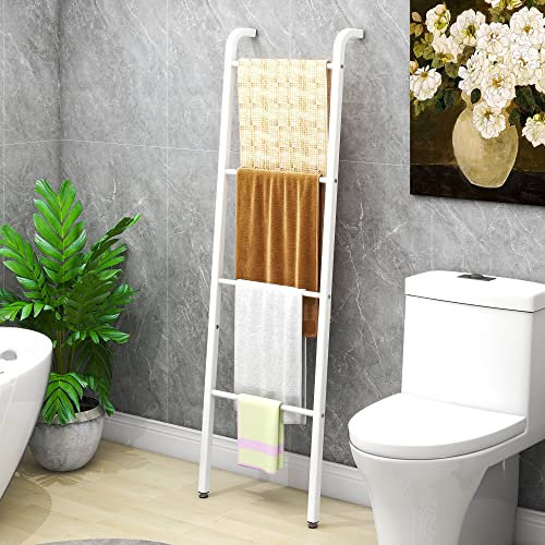 MOFLUT Porte-serviettes autoportant, 4 niveaux, rail mural, échelle décorative, pour plafond/serviettes, salle de bain, chambre à coucher, salon, blanc