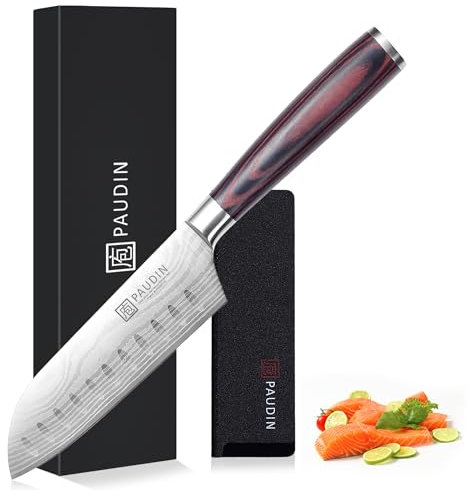 PAUDIN Coltello Santoku da 13 cm, coltello da cucina giapponese in acciaio inossidabile ad alto tenore di carbonio, ergonomico e versatile per carne, verdura e frutta