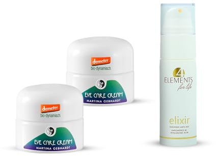 Crema de cuidado de ojos Martina Gebhardt Naturkosmetik x2 y suero de contorno de ojos de 4 Elements para la vida. Cosmética natural certificada activa.