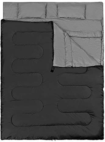 GYMAX Sac de Couchage Adulte 220 x 150 cm, Séparable pour 2 Personnes avec Oreillers, 2 Modes d'Utilisation, Pratique avec Fermetures Éclairs, Design Léger et Étanche, pour Camping, Randonnée (Noir)