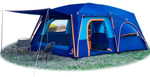 KTT Extra Large Tent 12 Person,14'Lx10'Wx7'H,Family Cabin Tents,Full Rainly,2 Rooms,2 Bay-Windows and 3 Doors 3 Windows with Mesh,Waterproof,Straight Wall,Big Tent for Outdoor,Picnic,Camping(Brown)