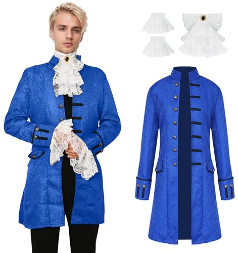 YORDET Men's Steampunk Coat Medieval Vintage Coat Victorian Frock Coat | Decorative Button Uniform, Lace Jabot, Gothic, Renaissance Halloween Carnival Cosplay Costume