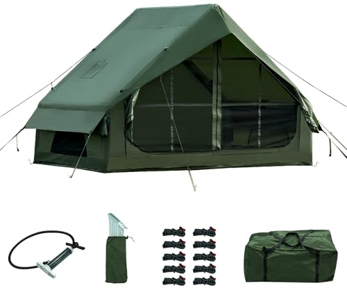 Inflatable Camping Tent with Hand Pump, Easy Assemble Waterproof Windproof Outdoor Inflatable Camping Tent for 3-4 Person Oxford Glamping (Green/3-4 Person (300x200x200cm)