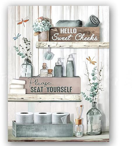 DWUENT Bathroom Wall Art Canvas,bathroom canvas wall art - 20x30cm Blue-Grey Rustic Farmhouse Decor Sign, Waterproof Canvas Print, Living Room & Kitchen Wall Decoration
