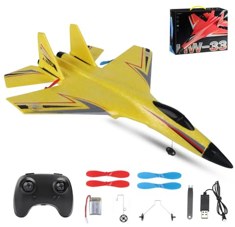 LUFEIS Avión de Control Remoto, Avión RC, Avións Teledirigido, Avións F-22 RC, 2,4 GHz 3 Canales, Avione Teledirigido para Adultos y Niños con Mando a Distancia (Amarillo)