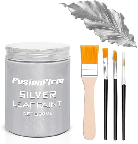 FusionFirm Silver Acrylic Paint, 300ml Liquid Silver Leaf Paint, Hand-crafts, Non-Toxic, Non-Fading Water for Craft, Canvas, Wood, Fabric, Ceramic, Stone, with 1 Brush & 3 Paintbrushes