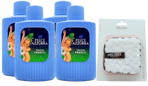 SET: Barattolo Talco, Polvere Naturale Ideale Dopo Il Bagno o La Doccia. Lascia La Pelle Fresca e Profumata. Disponibile In Varie Profumazioni 200g + Spugna Per Il Viso (4 Barattoli+Spugna, FRESCO)