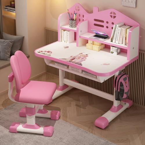 Chicmine 2Pcs/Set Kids Study Desk and Chair Set with Drawer, Adjustable Height Desk, Cartoon Pattern, Ergonomic Chair with Widened Desktop, Perfect for Children Learning