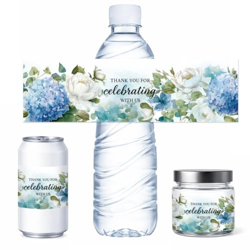 PH PandaHall 100 Feuilles Étiquettes pour Bouteilles D'Eau à Fleurs Bleues 21.6x6.4cm Autocollants de Décoration pour Mariage Anniversaire Fête Cadeaux Invités Décorations de Réception