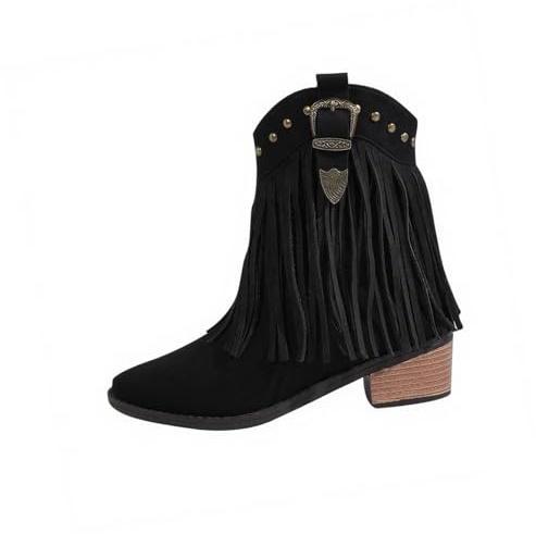 Bottines western décontractées à franges pour femme - Bout pointu - Élégantes - Talon épais - Classique - Confortable - À enfiler - Bottes de cowboy pour fête et loisirs, Noir , 38.5 EU