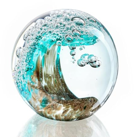 ZEERSHEE Hand Blown Ocean Wave Glass Ball, 2.3 Green Glass Paperweight | Unique artisan craftsmanship Stable flat base Elegant décor for home office shelf and tabletop display