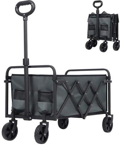 Folding Wagon Cart, Collapsible Utility Trolley with Adjustable Handle, 80L Capacity, 120kg Load Capacity, Portable Camping Cart with Storage Pockets (Grey)
