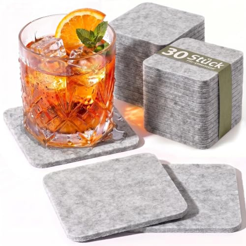 HELIMIAO Lot de 30 dessous de verre carrés en feutre extra épais de 5 mm pour boissons, lavables, pour bar, tasses, vases, gris clair
