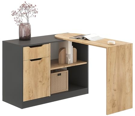 Komto Anthrazit/Golden Craft Oak L Shaped Desk with Storage – 360° Rotating Computer Corner Desk with Drawers and Shelves for Home Office, Work, Study and Gaming | Foldy 164 x 106 x 74,4 cm