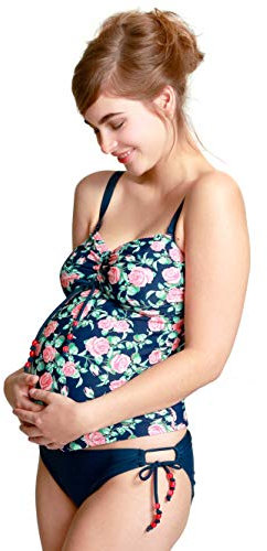 Petit Amour Umstands-Tankini Schwangerschafts-Bikini CAMERON Bademode Set Oberteil Unterteil, Dunkelblau-Rose Cup D bis E, Gr.- XL/Herstellergröße-XL+