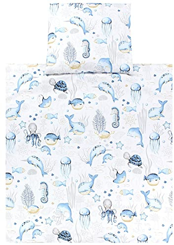 TupTam Baby Crib Pram Bedding Set Duvet Pillow - 4 pieces, Sea Creatures Blue, 80x80 cm