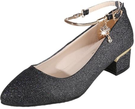 ticticlily Glitzer Schuhe Damen Pumps Chunky Runde Mode Frauen High Heels Zehen Arbeit Absätze High Heels Schuhe Damen Elegant Mit Absatz A Schwarz 38 EU