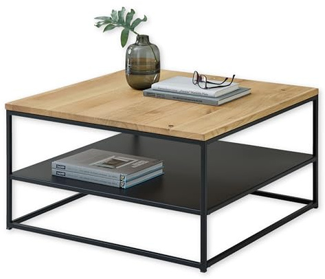 Tilda Couchtisch Massivholz Eiche - Moderner Sofatisch mit Ablageboden und Metallgestell - 75 x 40 x 75 cm (B/H/T)