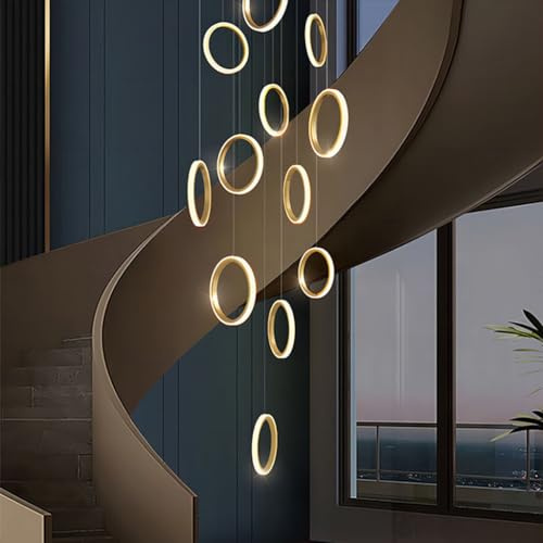RuiRfh Ljuskrona modern LED villatrappa stor Pendellampa gyllene dimbar högt i tak Hänglampa med fjärrkontroll lämplig för foajén hotell vardagsrum aluminium 15 ring belysning (Color : White light,