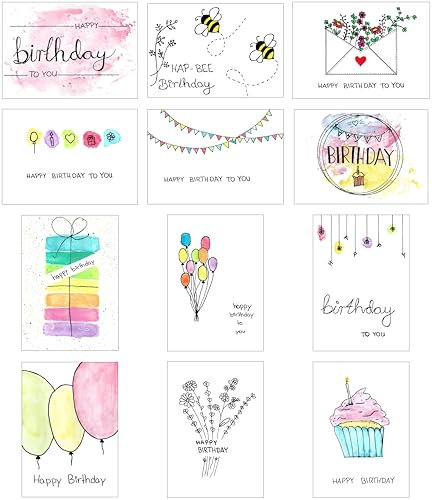12 Geburtstagskarten mit Umschlägen – Klappkarten Set Happy Birthday – Handgemalte Glückwunschkarten wie selbstgemacht – für Frau, Mann, Mädchen, Junge – Geschenk & Deko – plastikfrei
