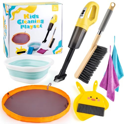 Sundaymot Putzset für Kinder, 8-teilige Kinder Reiniungs Set mit Kinder Staubsauger, Kinderstaubsauger mit Echter Saugfunktion, Kinder Reinigung Spielzeug für Mädchen Jungen