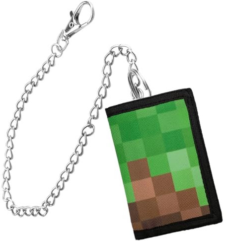 XPEX Kinder Geldbeutel Slim, Jungs Geldbeutel Mit Kette Clip Reißverschluss, Faltbare Dreifache Kinder Portemonnaie Kindergeldbeutel Jungs Wallet Für Teenager Jungen Herren (Block, C) (Grün, Cartoon)