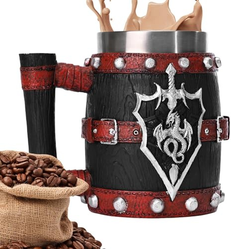 Boccale da birra medievale, con manico, 600 ml, imitazione barile di legno, tazza da birra vintage in acciaio inox, tazza da birra per caffè e bevande