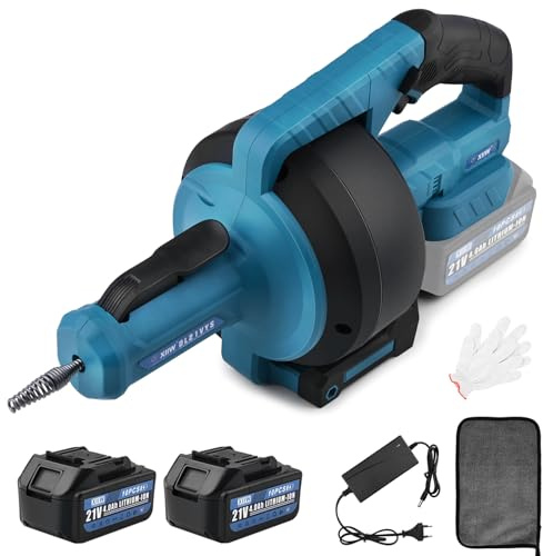 XIIW Sturatubi elettrico senza fili con Batterie 2 x 4,0 Ah | 7,6 m Spirale Flessibile | Velocità Regolabile | Pulitore scarico per Tubi ⌀16-85 mm, Stura Lavandini e Scarichi in Cucina, Bagno, WC