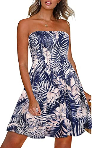 Summer Dresses For Women Strapless Bandeau Dress(Blue White Leaf,L)