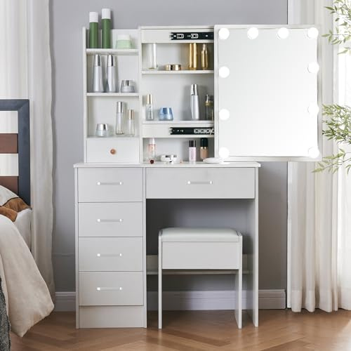 Buildonely Sminkbord med LED-belysning och spegel, toalettbord med pall för smink, sminkbord med lådor, 3 färgtemperaturer och justerbar ljusstyrka, vitt, 36 x 80 x 131 cm