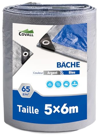 Covall Lona Impermeable Exterior Cover Ligera 65g/m² Plata ＆ Azul Suelo Reforzado con Ojales Resistentes a Agua - Viento protección UV Ideal para Coche camión RV casa Tienda Barco Piscina.(5x6m)
