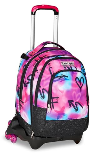 Seven Zaino Trolley Scuola Elementare Bambina, Zainetto Staccabile, Carrello Sganciabile, Spallacci a Scomparsa, 3 ruote, azzurro/fucsia
