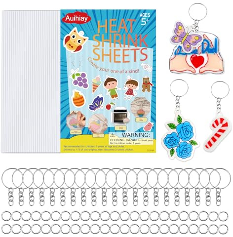 Auihiay 30PCS Shrink Plastic Sheets for Kids with 30 Keychains & 100 Jump Rings, Shrink Films Papers, Shrinky Art for DIY Handprint Keychains, Mother's Day & Father's Day