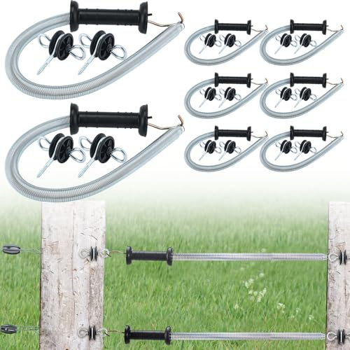 Hicarer 8 Set Electric Fence Gate Kit with Spring Handles & Screw-in Ring Insulators, 16ft Retractable Tension Spring for Farm, Ranch, Garden, Heavy Duty Black Electric Fencing Accessories for Safety