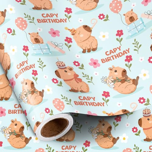 RUSPEPA Birthday Wrapping Paper Roll for Girls Boys, Mini Roll, Cute Capybara Capy Birthday Design with Balloon, Flower and Gift, Gift Wrap for Kids Party, Animal Party, 43.2cm x 5m