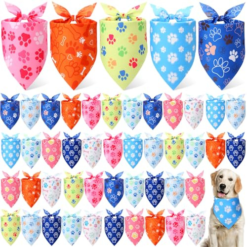 Weewooday 50 Pcs Paw Print Dog Bandanas Bulk for Dogs Soft Bibs Adjustable Triangle Summer Pet Bandana for Small Medium Large Costume(paw Pattern, 25.6 x 17.7 x 17.7 Inch)