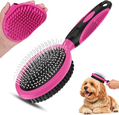 2PCS Pet Grooming Tools - Double-Sided Brush for Shedding and Bathing, Suitable for Short/Long Haired Dogs Cats and Horses, Deshedding Dog Brush, Mane & Tail Combs for Horses - Pet Supplies (Pink)