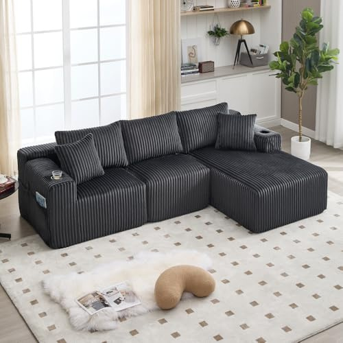 Sofá de esquina con chaise longue, sofá de compresión, sofá de 3 plazas, funda de pana, 5 cojines, bolsillos laterales y portavasos, sin necesidad de montaje, listo para usar (gris)