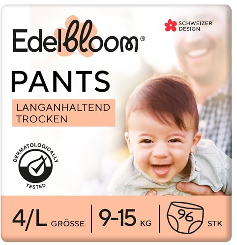Edelbloom Premium 96 Windelhöschen Größe 4 (9–15 kg), Ultra-Saugfähig & Atmungsaktiv, Hypoallergen, Extra Weich & Sanft für Babys, Dermatologisch Getestet, Sicherer Auslaufschutz, Für Tag & Nacht