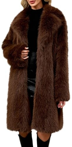 szvbofueck Women's Winter Coat Long Faux Fur Coat Lapel Faux Fur Jackets Long Sleeve Faux Fur Coat Knee-Length Plush Coat Fluffy Soft Cuddly Coat Aesthetic Thermal Jackets Plain Cardigan, coffee, XL