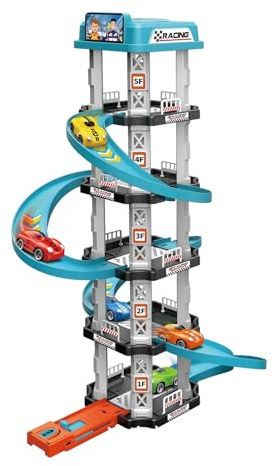 Rennbahn für Autos mit Garage und Rampe – Lernspiel für Kinder von 3 4 5 Jahren | entwickelt Koordination und Fantasie, inklusive Autos | Geschenk für Kinder und Mädchen, ideal für Zuhause oder