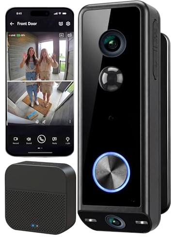 VigiSec 2K Video Doorbell Camera with Portable Chime, Wired or Battery Powered, 180° Head-to-Toe View, AI Person Detections, Night Vision, Local & Cloud Storage, Two-Way Talk, Alexa, Drill or Adhesive