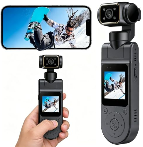 icamdoor 1080P Portable Pocket Action Camera with Rotatable Lens, Mini Body Cam with Audio and Video Recording, Handheld Vlog Camera for Outdoor Sports, Cycling, Travel Vlogging Gimbal Camera